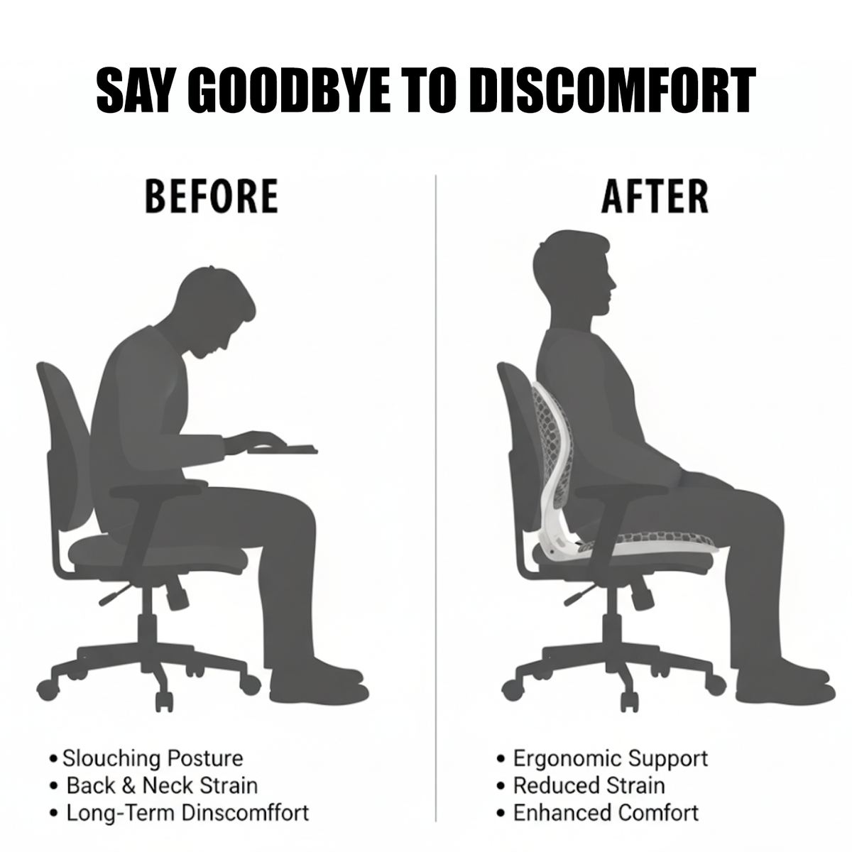 Comparison illustration showing a person sitting in a chair with poor posture and another sitting with ergonomic support using Nuwelo Posture Corrector, with text indicating discomfort relief.