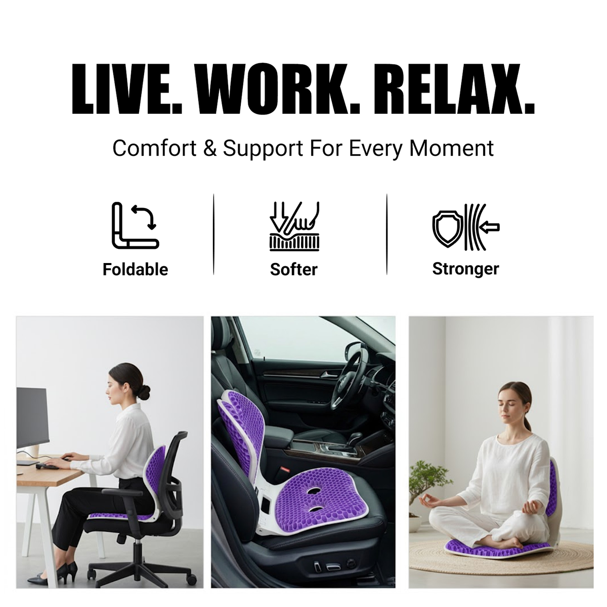 Nuwelo Posture Max Pro with Purple seat cushion with text 'Live. Work. Relax,' and images of its use in various settings.