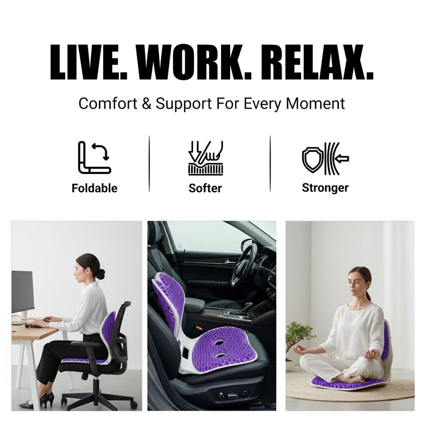 Nuwelo Posture Max Pro with Purple seat cushion with text 'Live. Work. Relax,' and images of its use in various settings.
